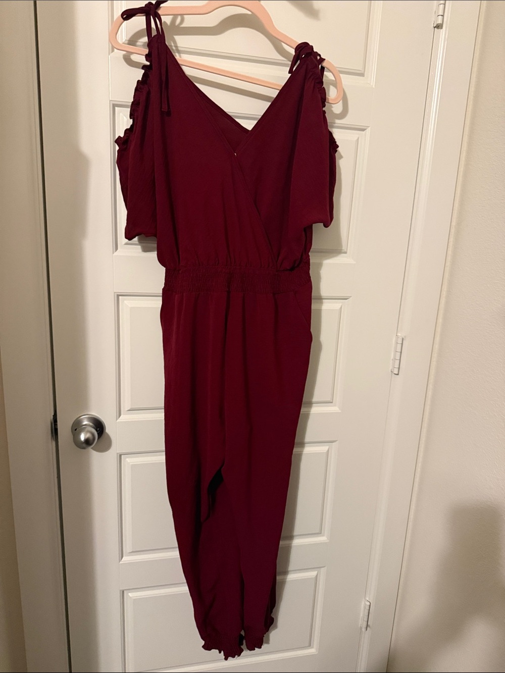 Cold-Shoulder Burgundy Tie-Shoulder Jumpsuit with Harem Legs